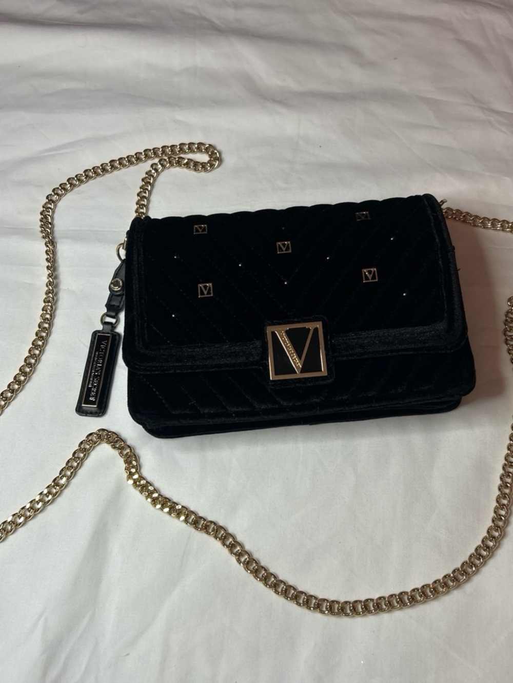 Victoria's Secret Black Quilted Velvet Crossbody with Gold Hardware